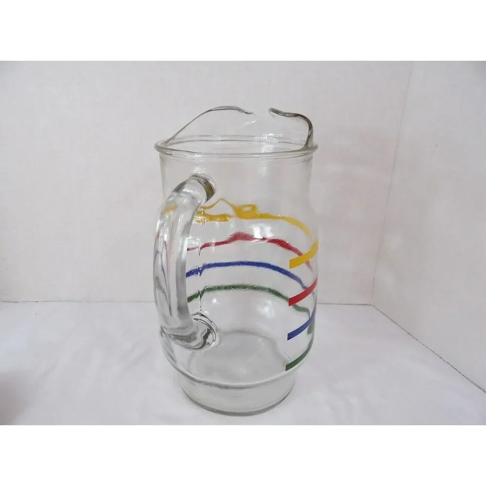 Pitcher Anchor Hocking Fiesta Glass Ice Lip Rainbow Colors Stripe 72 Oz Tea